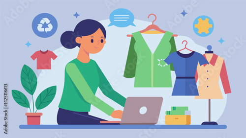 A blogger creating a series of tutorials for upcycling thrifted clothing into trendy sustainable pieces.. Vector illustration