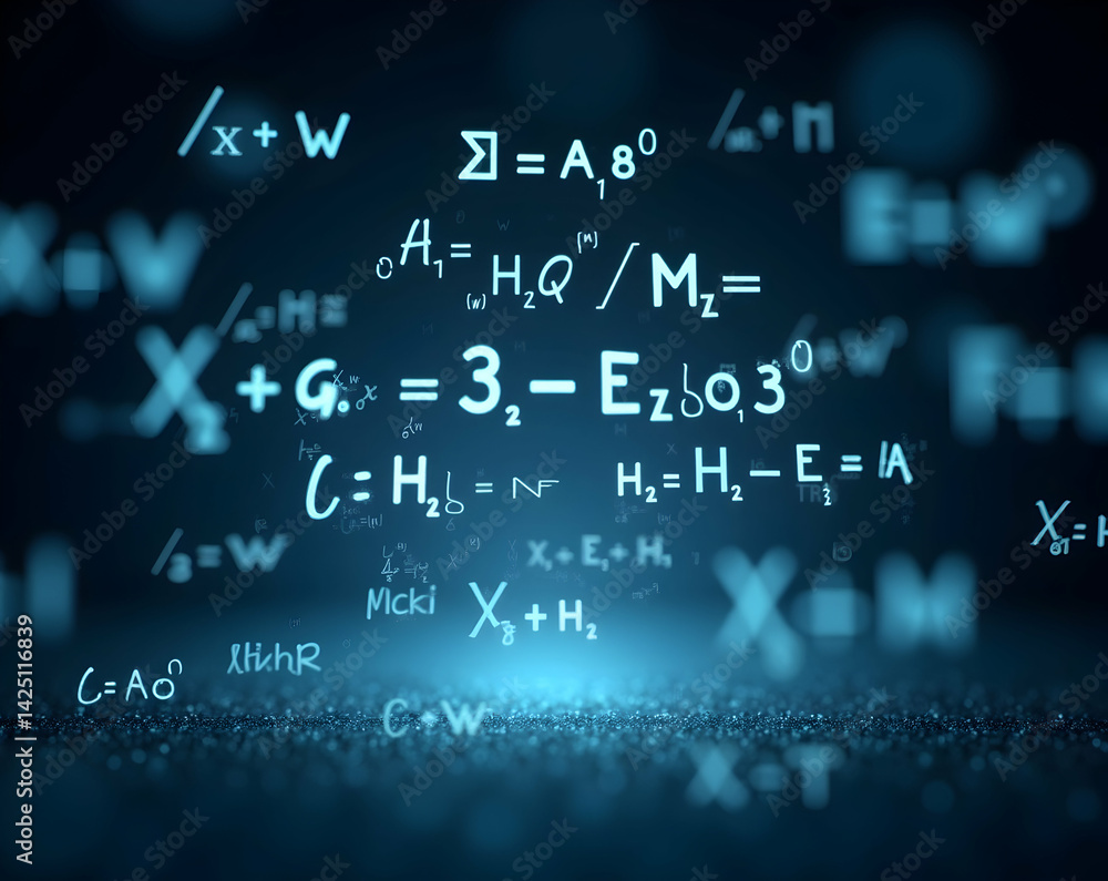 Obraz premium Intricate Holographic Display of Advanced Physics Formulas Illuminating Scientific Concepts and Mathematical Equations in a Technological Ambiance