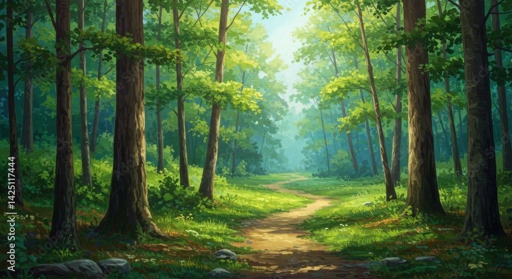 Obraz premium Forest Path Illustration with Green Trees and Sunlight