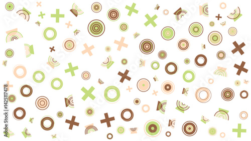 Pattern of green brown and peach circles and plus signs, ideal for backgrounds, textiles, stationery, and packaging design projects.