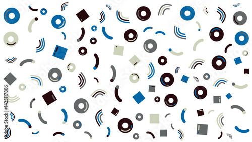 Colorful pattern of circles, squares, and arcs suitable for backgrounds, prints, and digital designs with a modern and vibrant aesthetic.