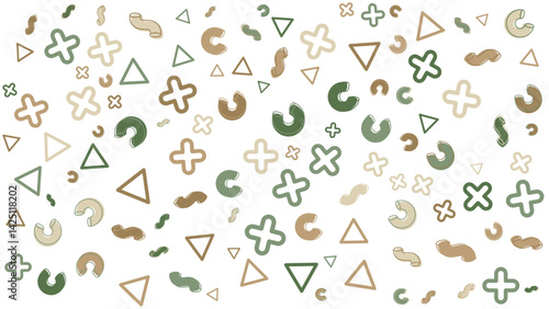 Pattern of green, brown, and beige plus signs, triangles, and curved shapes. Suitable for background design, wallpaper, textiles, and digital art projects.