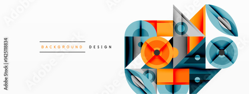 Abstract geometric composition. Overlapping shapes create dynamic visual interest. Orange, gray, blue hues dominate design. Minimalist style, modern aesthetic. Clean lines, balanced proportions.
