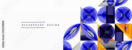 Abstract geometric pattern dominates right side. Blue, gray, orange hues create modern visual. Minimalist design with clean lines, suitable for backgrounds or digital art.