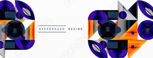Abstract geometric design features overlapping shapes, vibrant colors. Orange, purple, gray create modern aesthetic. Minimalist style suitable backgrounds, branding.