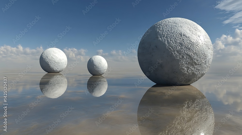 Three textured spheres reflecting in a serene landscape under a blue sky. Three textured spheres reflecting in a serene landscape under a blue sky.