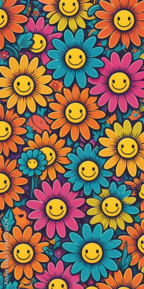 A vibrant and cheerful pattern featuring an array of colorful flowers intertwined with playful smiley faces, creating a joyful and whimsical design perfect for uplifting decor or cheerful textiles. A vibrant and cheerful pattern featuring an array of colorful flowers intertwined with playful smiley faces, creating a joyful and whimsical design perfect for uplifting decor or cheerful textiles.