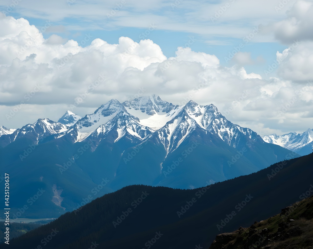 Majestic Mountain Range Under a Sky Dominated by Fluffy Clouds, An Inspirational Landscape Capturing Nature's Grandeur and Serene Beauty with Snow-Capped Peaks Majestic Mountain Range Under a Sky Dominated by Fluffy Clouds, An Inspirational Landscape Capturing Nature's Grandeur and Serene Beauty with Snow-Capped Peaks