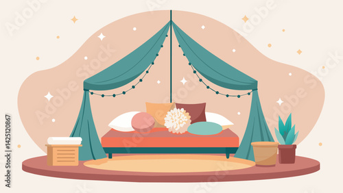 A dreamy study space with a canopy hanging above a soft velvet daybed complete with fluffy pillows and a cozy knit throw inspiring relaxation and.