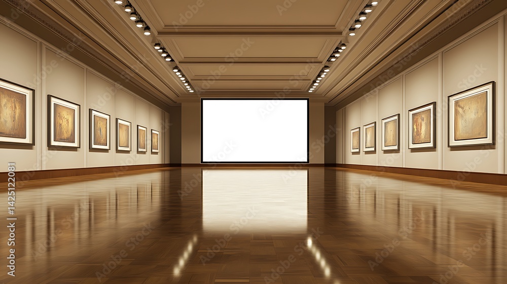 Empty art gallery, polished wooden floor Empty art gallery, polished wooden floor