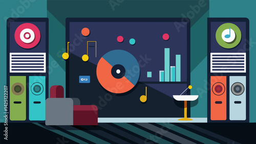 A hightech interactive record wall greets visitors as they enter the sleek music lounge allowing them to scan barcodes and play their chosen songs. Vector illustration
