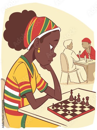 African Girl Playing Chess: Cartoon Illustration of a Young Woman Concentrating on a Chessboard in a Tournament Setting