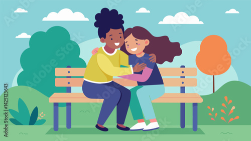 Two friends sit on a park bench one giving the other a hug as they both shed tears of joy after reaching a breakthrough in their mental health journey.