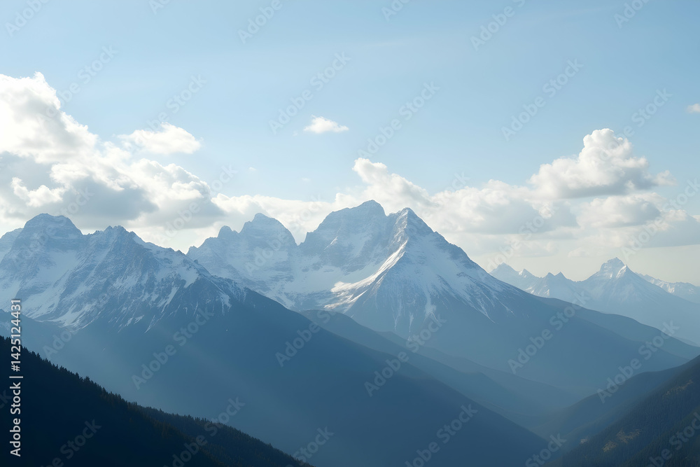 Panoramic view of majestic snow-capped mountains against a serene sky with fluffy clouds, showcasing nature's grandeur and breathtaking scenery Panoramic view of majestic snow-capped mountains against a serene sky with fluffy clouds, showcasing nature's grandeur and breathtaking scenery