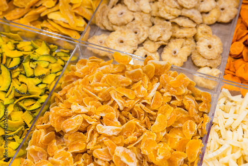 Assorted dried fruit selection at market display