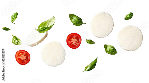 Isolated Photo of Fresh Mozzarella Tomato Basil and Green Leaves on Black Background