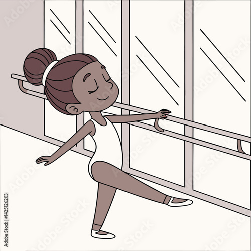Cute Cartoon Ballerina Girl Practicing Ballet at Barre in Dance Studio Illustration - Child Dancer Leotard, Ballet Shoes, Dance Class Art