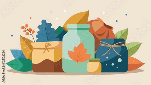 A creative corner filled with recycled jars dried leaves and reusable fabric bags providing ecofriendly gift wrapping alternatives.. Vector illustration