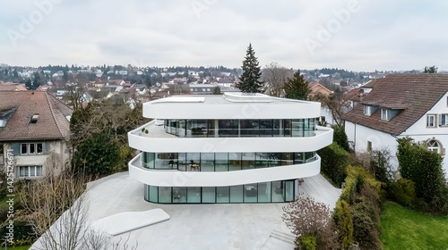 Modern white house, hilltop view, residential area, aerial shot; real estate advertising