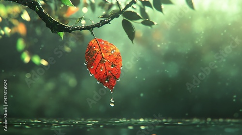 Red Leaf with Water Droplets Hanging From Branch in Forest