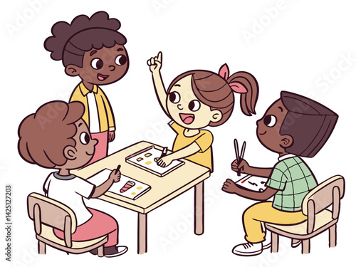 Kids Learning Together: Elementary Students in Classroom, Cartoon Illustration of Children Studying and Raising Hand in School