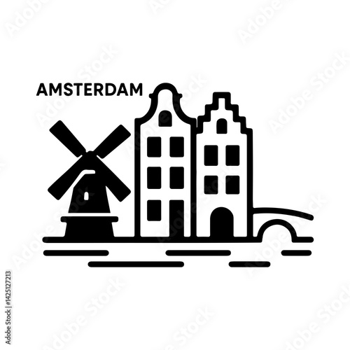 Amsterdam city skyline silhouette with windmill, traditional Dutch houses, and canal bridge in black and white vector illustration
