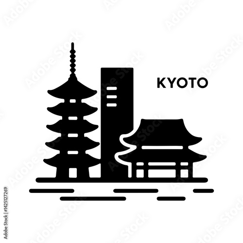 Kyoto city skyline silhouette with traditional Japanese pagoda, temple and modern building in black and white illustration
