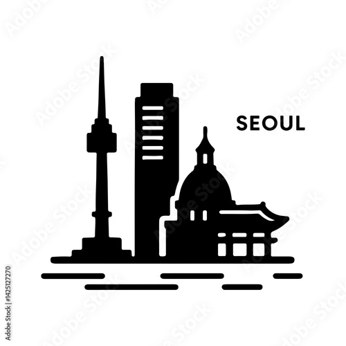 Seoul city skyline silhouette with famous landmarks, modern and traditional architecture illustration in black and white
