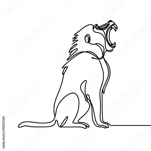 Baboon yawning in seated line drawing