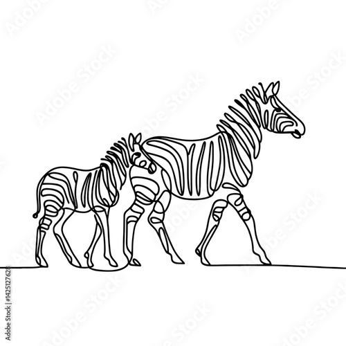Two zebras walking together line sketch