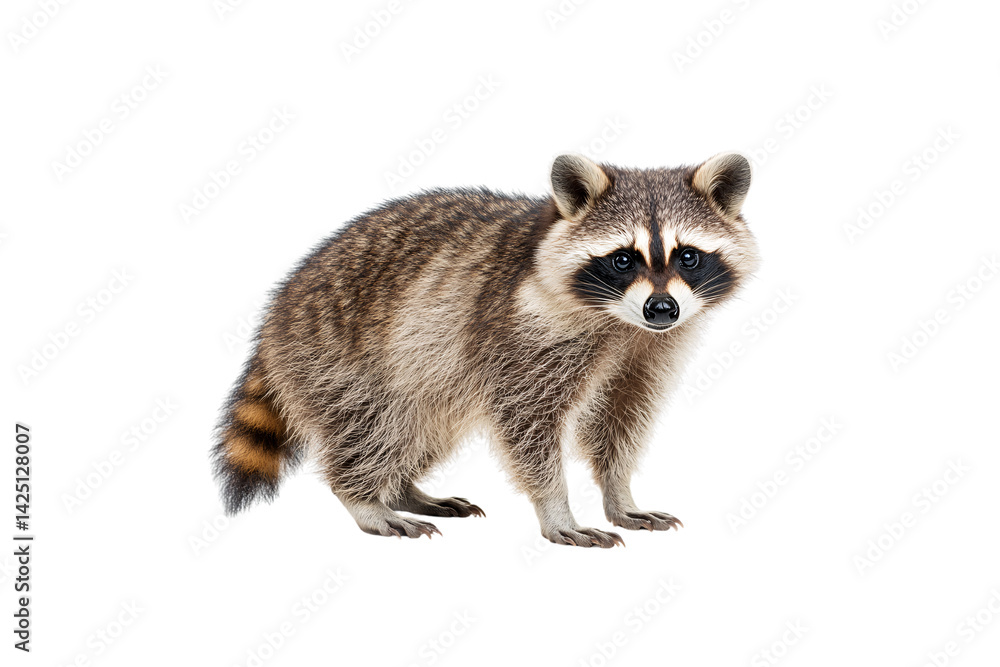 Full-body raccoon standing slightly angled, bushy tail visible, black mask marking bold and adorable, isolated on a transparent background