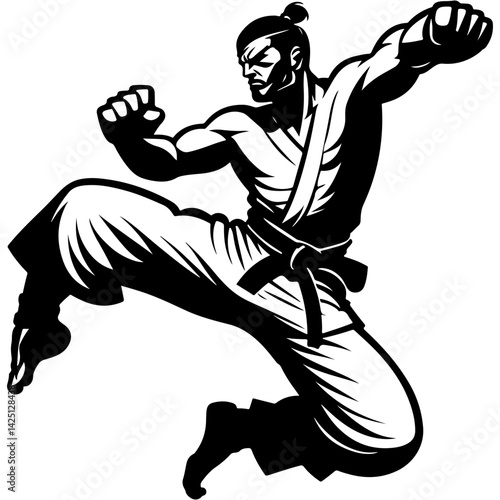 Tattoo emblem of spectacular jumping kick from a martial artist in monochrome. Engraving minimalistic vector in black ink drawing on transparent background