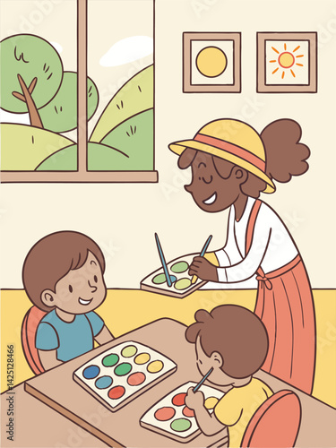 Cartoon Illustration: Children Painting with Teacher in Classroom, Art Education, Watercolor Palette, Creative Learning, Kids Activity