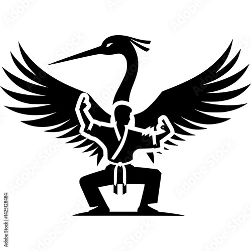 Sport silhouette of kung fu athlete representative of the crane style school in monochrome. Engraving minimalistic vector in black ink drawing on transparent background