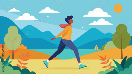 Heading outdoors for a peaceful walk stopping along the way to stretch and soak in the scenery.. Vector illustration