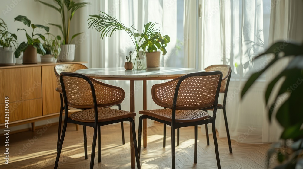 Modern dining room with round table and chairs, sunlight streaming through window. Use in home decor catalogs Modern dining room with round table and chairs, sunlight streaming through window. Use in home decor catalogs