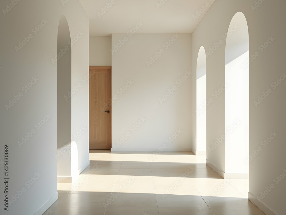 Obraz premium Serene Interior, An Empty Minimalist Hallway Bathed in Natural Light with Arched Passages and a Subtle Warmth Emanating From the Light