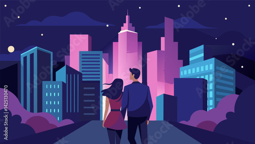 A couple on a romantic walk in the city stopping to stare up at the stars between skyscrs and feeling a sense of wonder and possibility..