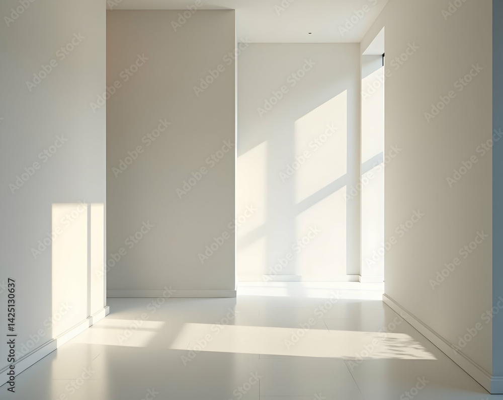 Obraz premium Serene Minimalism, An Empty Hallway Bathed in Natural Light Showcasing Clean Lines and Architectural Simplicity in a Contemporary Interior Design Concept