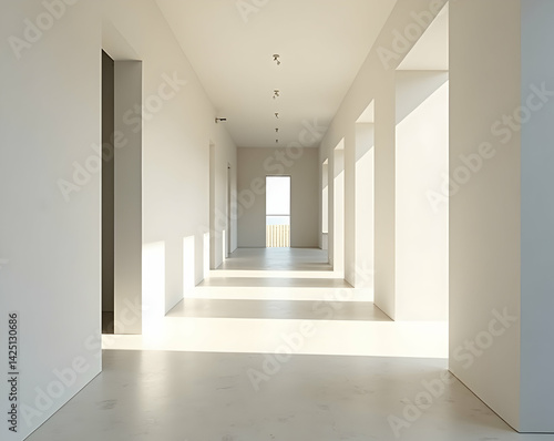 Serene minimalist hallway bathed in natural light, showcasing modern architecture and a sense of calm emptiness for architectural visualization projects