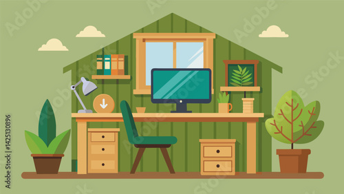 A cozy home office furnished with a desk and chair made from reclaimed wood showcasing how sustainability can be incorporated into residential. Vector illustration