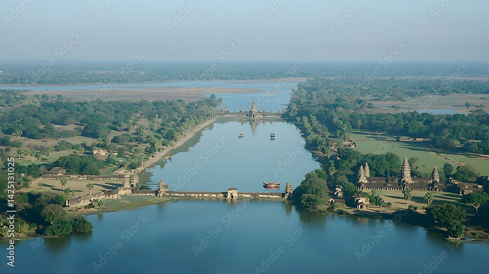 Fototapeta premium Aerial view of Angkor Wat temple complex and moat, Cambodia. Boats on the water, lush green landscape. Ideal for travel brochures
