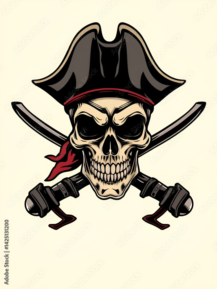 A fearsome pirate skull with a hat and crossed swords A fearsome pirate skull with a hat and crossed swords