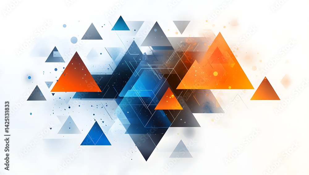 Abstract geometric design with vibrant orange, blue, and gray triangles on a white background. Abstract geometric design with vibrant orange, blue, and gray triangles on a white background.