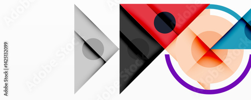 Abstract geometric composition. Overlapping shapes, circles, triangles create dynamic visual interest. Red, black, gray, blue hues dominate design. Minimalist aesthetic.