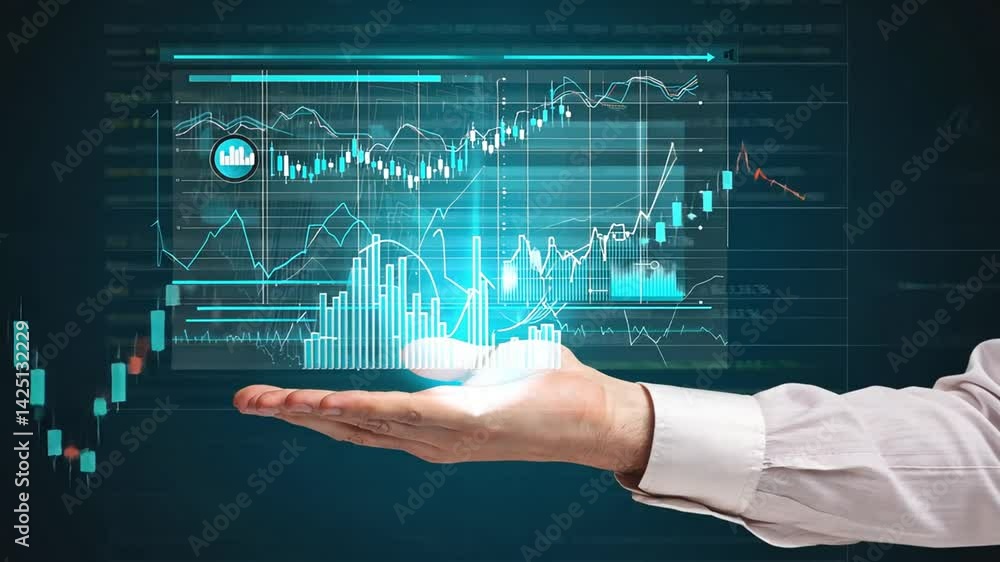 Hand holds glowing digital charts, data visualization concept, finance, business Hand holds glowing digital charts, data visualization concept, finance, business