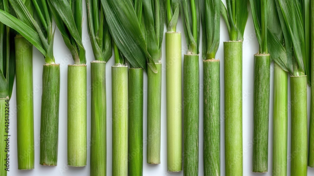 Fototapeta premium Clean sugarcane display with green tops, freshness and purity emphasized
