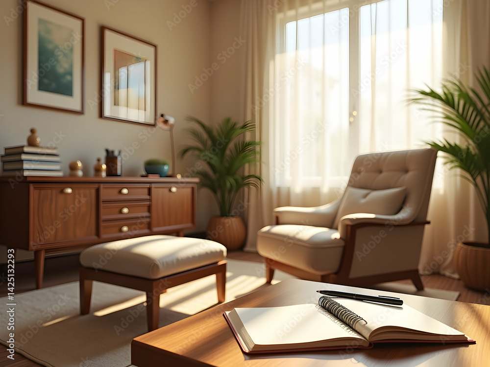 Fototapeta premium Serene Therapy Space, A Warmly Lit Office Interior with Plush Rug, Comfortable Seating, and Natural Light for Consultation and Reflection