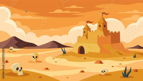 A sandcastle depicting a nuclear winter with a barren landscape and skeletons strewn across the beach..