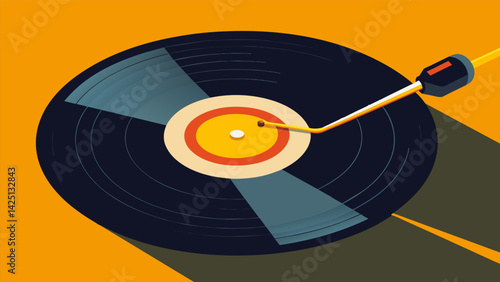 A closeup of a record needle tracing a path on a vinyl creating a symphony of sound. Vector illustration